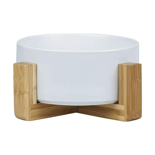 Pet Dog and Cat Bowls Ceramic Dog Cat Bowls Bamboo Holder - Dishwasher Safe and Easy to Clean