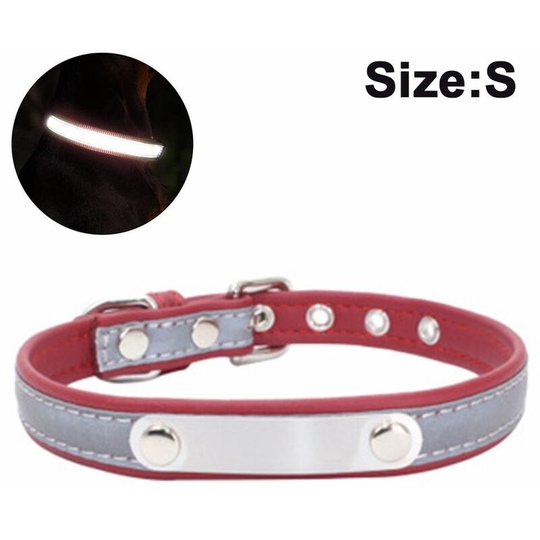 Dog collar with engraved name tag, customizable, soft leather, dog collar with individual identification tag, for small, medium and large dogs, red, s