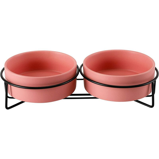 Ceramic Cat Bowl, Double Bowl for Cat Lunch, Elevated Kitten Bowl for Food/Water - Pink