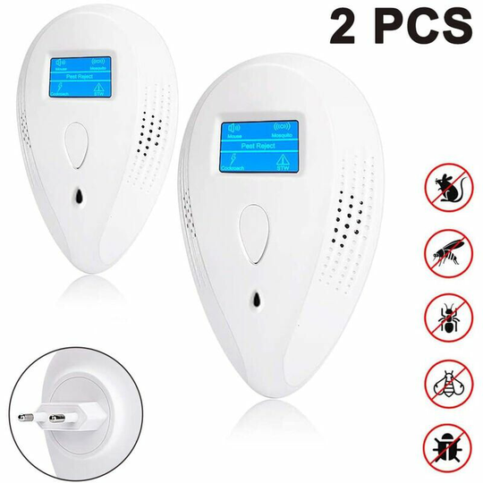 Bearsu - 2pcs Ultrasonic Pest Repeller - 3 Level Adjustable Triple Wave Pest Control, Electronic Mosquito n Protection for Cockroaches, Mice, Flies,