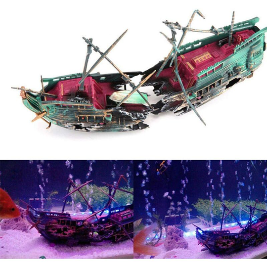 Shipwreck Aquarium Ornament Fish Tank Decor Pirate Ship Fishing Boat Hidden Cave Fish Tank Sailboat Landscape Decor Air Pump Powered Action Decor