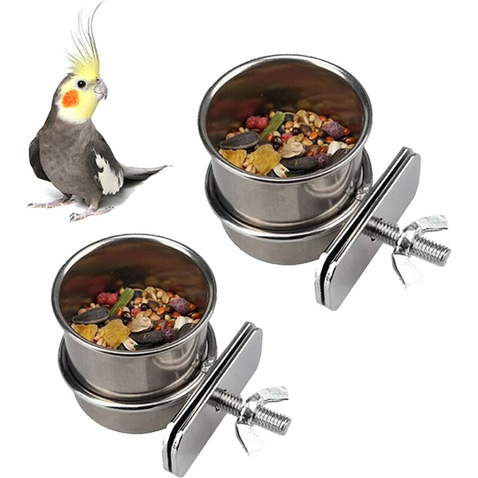 Hanging Stainless Steel Bird Bowl 2 Pieces Bird Feeder Bowl with Clamp Holder for Parrots, Parakeets, Cockatiels, Lovebirds(4.4cm / 5.5cm) Soekavia