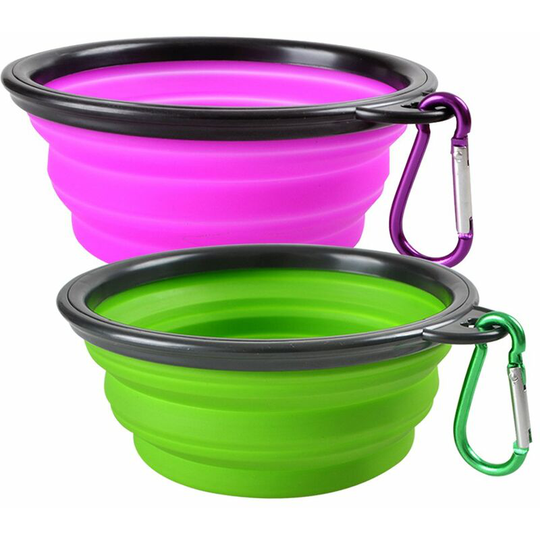 Collapsible Dog Bowl , 2 Pack Travel Dog Bowls for Cats & Dogs, Folding Dog Bowls Food Dishes with Carabiner Clip, Dog Bowl for Hiking Purple+Green