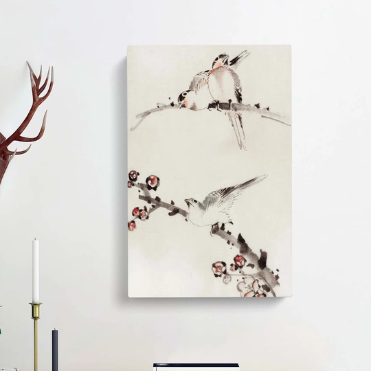 Three Birds Perched on Blossom Branches by Katsushika Hokusai - Wrapped Canvas Painting Print