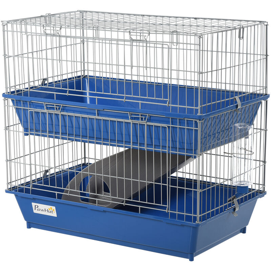 PawHut 2-Tier Small Animal Cage for Rabbit Ferret Chinchilla w/ Ramp Food Dish - Blue and Grey