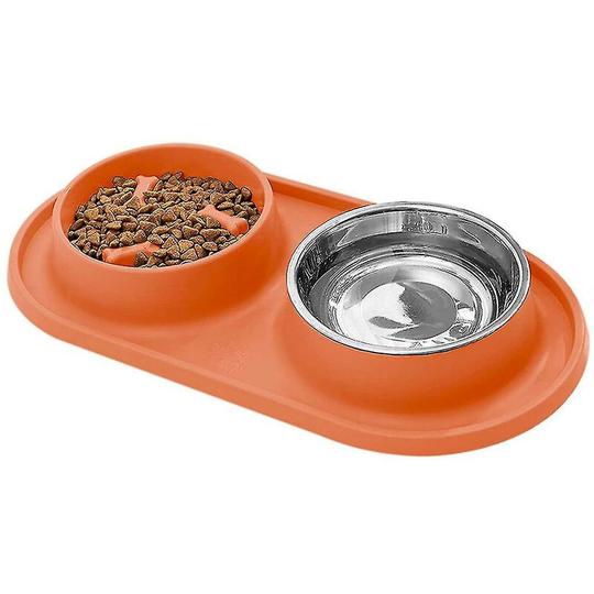 Dog Feeding Bowl Pet Bowl With Steel Water Bowl Puppy, Orange
