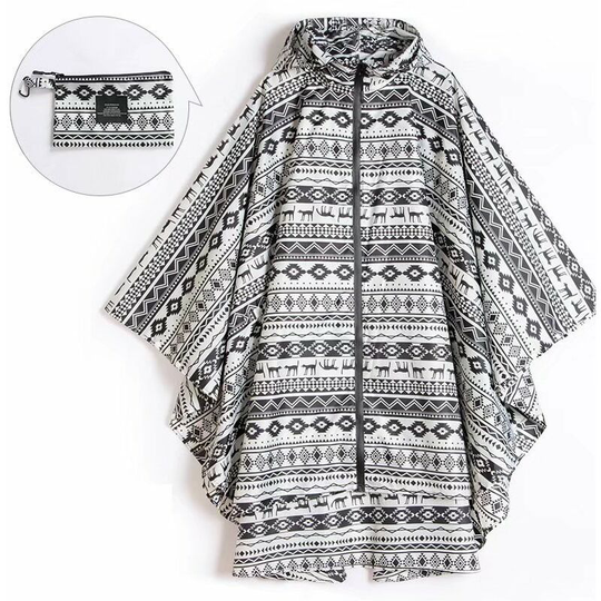 Litzee - Rain Poncho Jacket Coat For Adults Hooded Waterproof With Zipper Outdoor (Black&white)(Size:L)