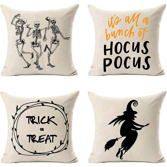 Halloween Cushion Covers 18 x 18, Halloween Decorations Trick or Treat Skeleton Witch Cotton and Linen Cushion Covers Set of 4, Halloween Decor, Fall