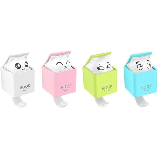 Groofoo - Set of 4 Animal Adhesive Hook, Creative Cat Child Decor Plastic Wall Towel Hooks, 2kg(max) for Living Room, Bathroom, Kitchen, Keys, Bags,