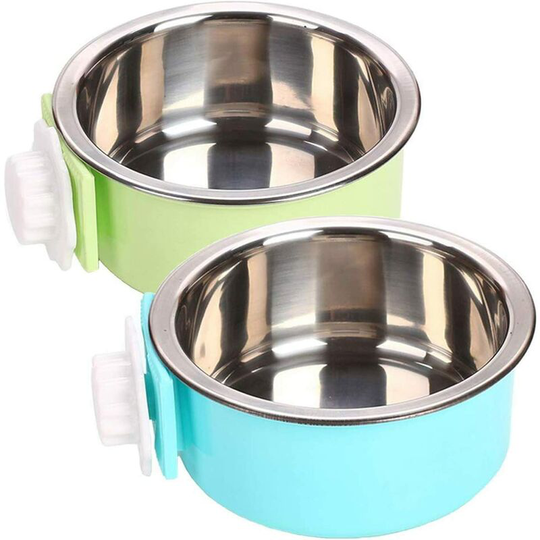 Crate Dog Food Water Bowls, 2-in-1 Plastic Kennel Bowl & Stainless Steel Pet Bowl, Removable Hanging Cat Food Bowls, Feeder Coop Cup Perfect for Cat,