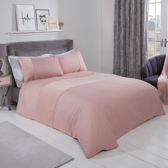 (Blush Pink, Super King) Sienna Faux Fur Panel Duvet Cover Pillowcase Band Bedding Set, Silver - Superking