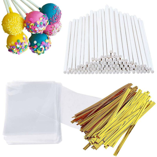 300 Pcs Cake Pop Sticks And Wrappers Kit, Including 100ct 6-inch Paper Lollipop Sticks, 100ct Clear Candy Treat Bags Parcel, 100ct Gold Twist Ties
