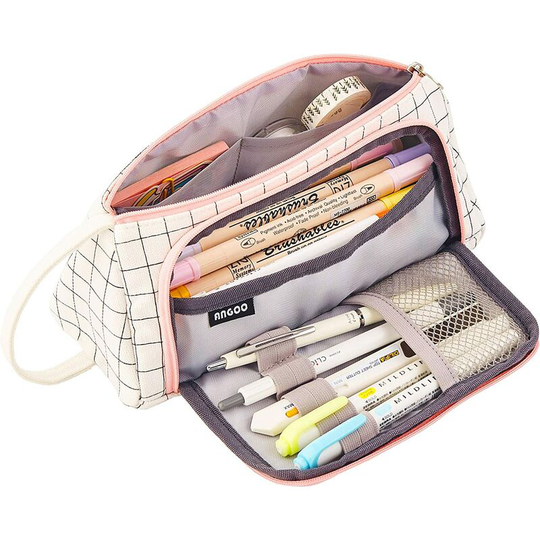 Canvas Large Capacity Portable Pencil Case for Girls, Waterproof School Pencil Case with Handle for College Supplies, Pink White