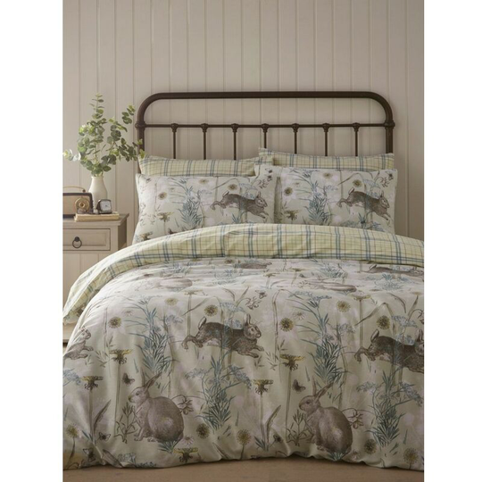 Rabbit Duvet Cover Set (Double) (Sage Green/Yellow/Grey) - Sage Green/Yellow/Grey
