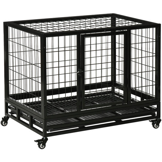PawHut Metal Kennel Cage with Wheels and Crate Tray for Pet Dog Medium Black - Black