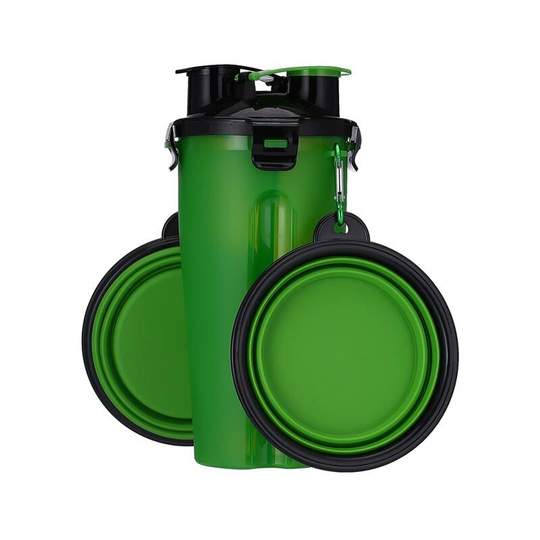 Muff - Portable Pet Water Bottle and Food Container for Travel 2-in-1 Chamber Bottle with 2 Collapsible Bowls (Green)