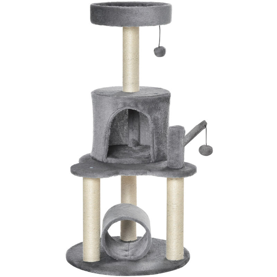Cat Tree Tower Activity Centre w/ Jute Post Bed Tunnel Perch Hanging Toy - Grey - Pawhut