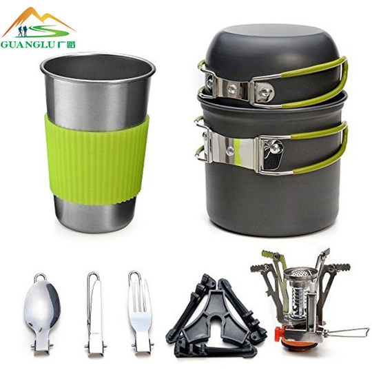Camping Cookware Stove Carabiner Canister Stand Tripod and Stainless Steel Cup, Tank Bracket, Fork Spoon Kit for Backpacking, Outdoor Camping Hiking