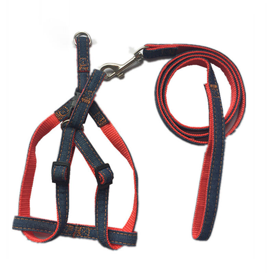 Pet Denim Chest Strap Dog Leash, Red Leash + Chest Strap l Size 2.0cm