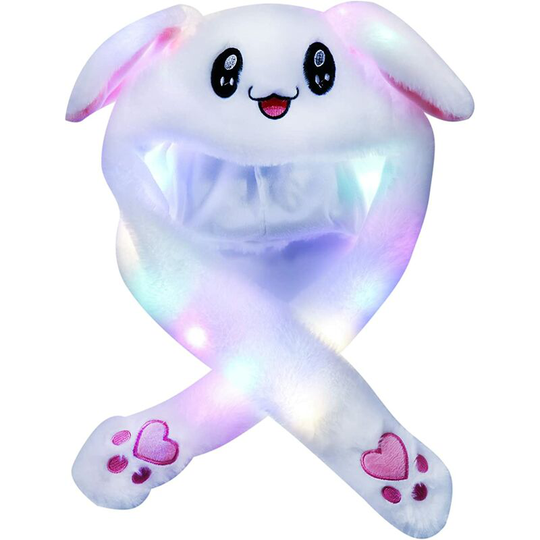 White Rabbit Hat Ear Moving Jumping Hat Embroidery Cartoon Plush Bunny Cap with Paws for Women Girls