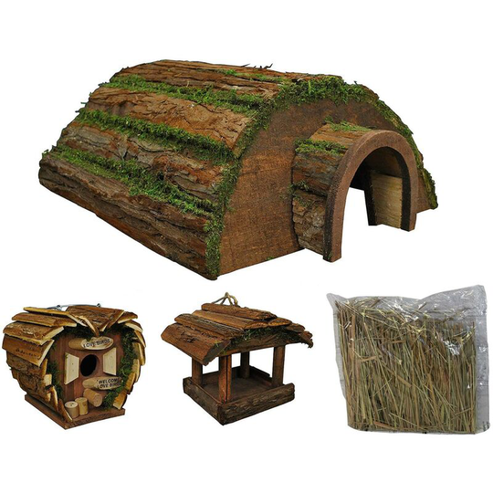 Selections - Wooden Hedgehog Hogitat with Bird House, Hanging Feeder and Bedding Straw