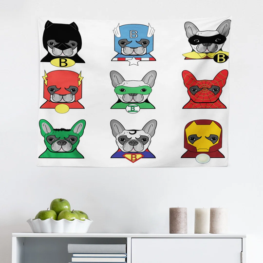 Bulldog Superheroes Fun Cartoon Puppies in Disguise Costume Dogs Print Wall Hanging