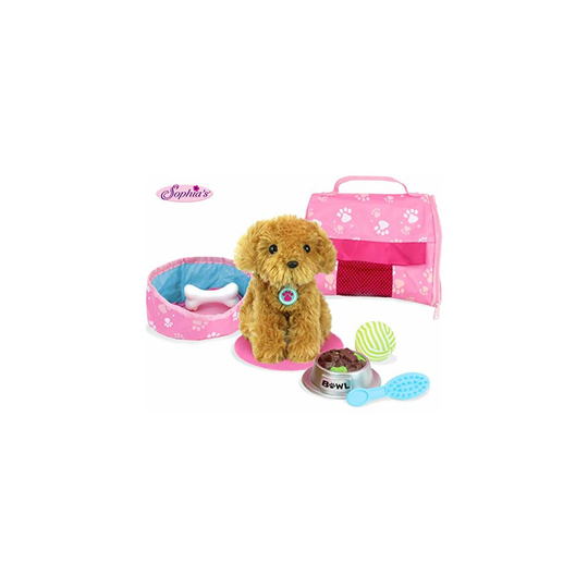 Sophias Pets for 18 Dolls Complete Puppy Dog Play Set Perfect Doll Toy for 18 American Girl Dolls & More Cuddly Dog Leash Carrier Bed Food & Play Dog