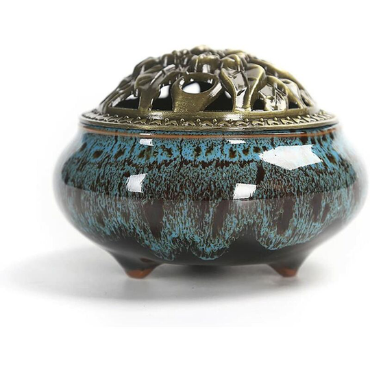 Perle Raregb - Incense burner and ceramic cover, incense stick or aroma diffuser in incense cone, serpentine ashtray, interior decoration
