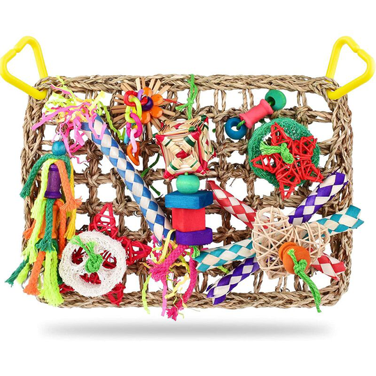 Sun Flowergb - Bird Toy, Wall-Mounted Bird Food Foraging Toy, Edible Seagrass Woven Climbing Hanging Mattress with Colorful Chew Toys for Lovebirds,