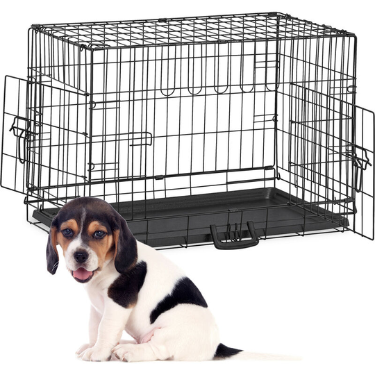 Foldable Dog Crate, Travelling with Pets or for Indoors, Plastic Tray, 2 Doors, hwd: 53.5 x 75 x 44 cm, Metal - Relaxdays