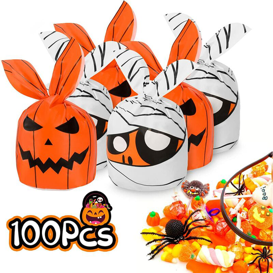 100 Pcs Halloween Treat Bags Goodies Bag for Trick or Treat Party, Cookie Gift Bag with 13.5*22cm Bag Filler for Halloween Party, Small Toy Treats