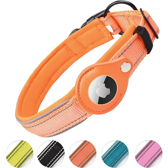 Aougo - Reflective AirTag Dog Collar, Apple Air Tag Heavy Duty Dog Collar [Large] Padded Pet Collar with AirTag Case Holder Accessories (Orange, s)