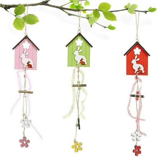 Monly - 3 Pieces Spring Wooden Easter Bunny Decoration Easter Decoration, Rabbit House Easter Pendant, Wooden Rabbit Pendant for Living Room Home