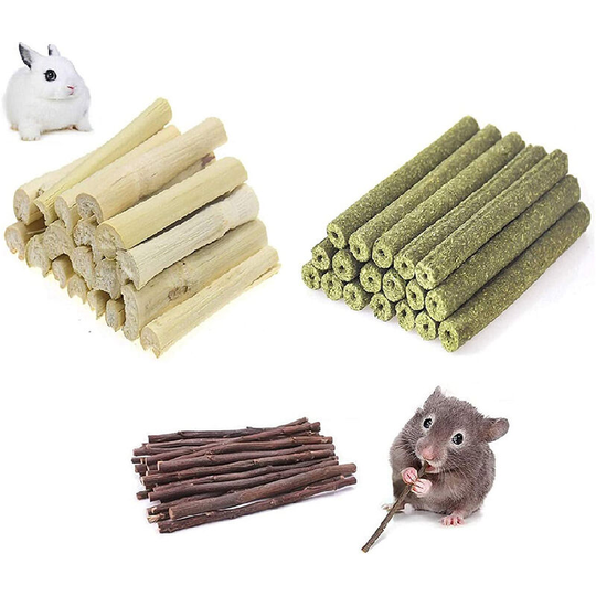 Lifcausal - Hamster Chew Toys, Natural Wood Snack Toys-4 Pack, Apple Sticks Timothy Hay Sticks Sweet Bamboo Suitable for Chinchilla Guinea Pig