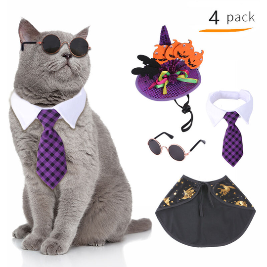Pet Dog Cat Halloween Costume Set Adjustable Halloween Wizard Pumpkin Hat Cool Dog Cloak Dog Necktie Dog Bandana Collar Small Dog Sunglasses As Gift