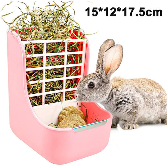 Rabbit Feeder Bunny Guinea Pig Hay Feeder, Hay and Food Feeder Bowls Manger Rack for Rabbit Guinea Pig Chinchilla, pink