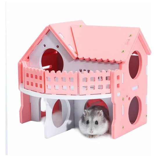 Luxury Pink Hamster House, Small Pet House Sleeping Nest with Double Layer Villa Balcony Assembly Cage for Guinea Pig Hamsters