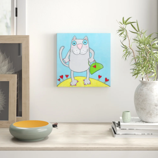 "Cat with Green Handbag" by Tatijana Lawrence Painting Print on Wrapped Canvas