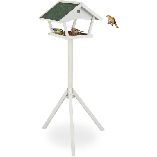 Free-Standing Bird Table, Birdhouse Feeder, HxWxD: 139 x 70 x 60 cm, Weatherproof Roof, Wood, White/Green - Relaxdays