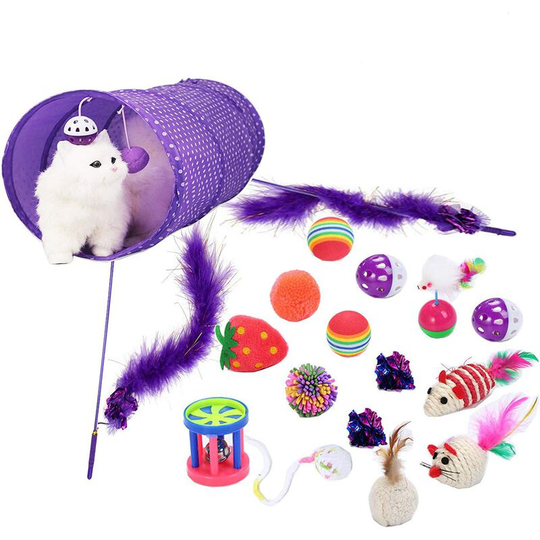 16-piece cat toy set including cat tunnel, cat rod and other 14pcs toys for cats