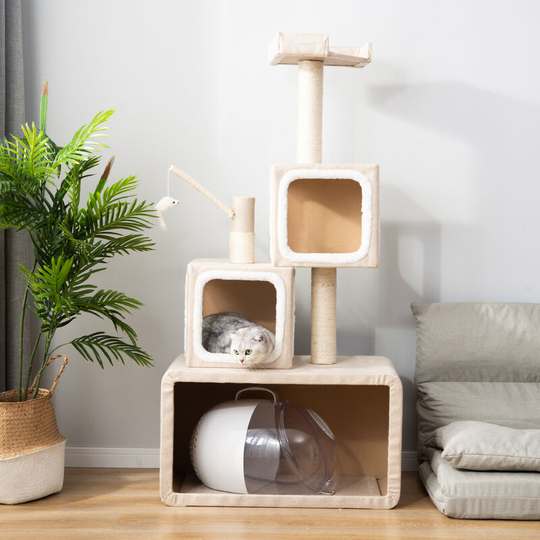 Cat Tree 140 cm Kartokner Scratching Post with Playing Rope + Corner Scratching Post with Playing Rope, White / Beige