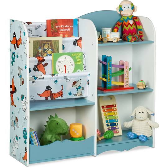 Relaxdays Children's Shelf, 7 Compartments, Storage, Stable MDF Material, HxWxD: 84 x 86 x 26 cm, Puppy Motif, Colourful