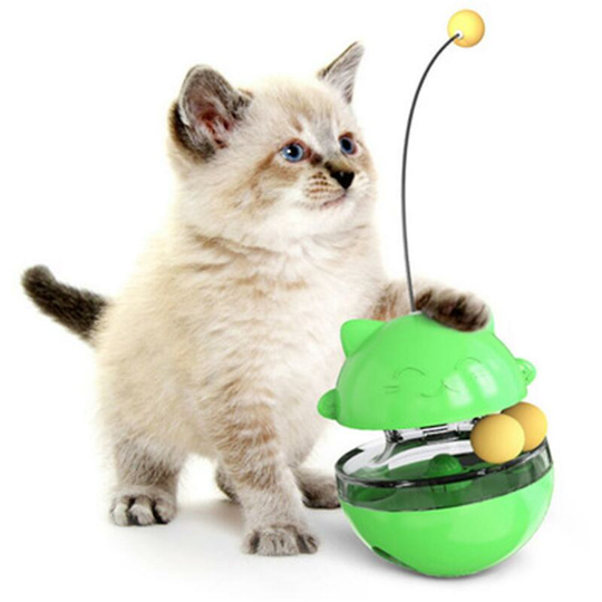 Slow Feed Cat Toy - Fun Tumbler Style, iq Training Interactive Treat Toy with Double Rolling Ball and Detachable Wand Green