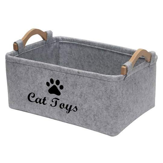 Fiber Soft Felt Dog Storage Basket Bin Organizer - Dog Toy Bin with Wooden Handle- Pet Supplies Storage Basket-Light Grey