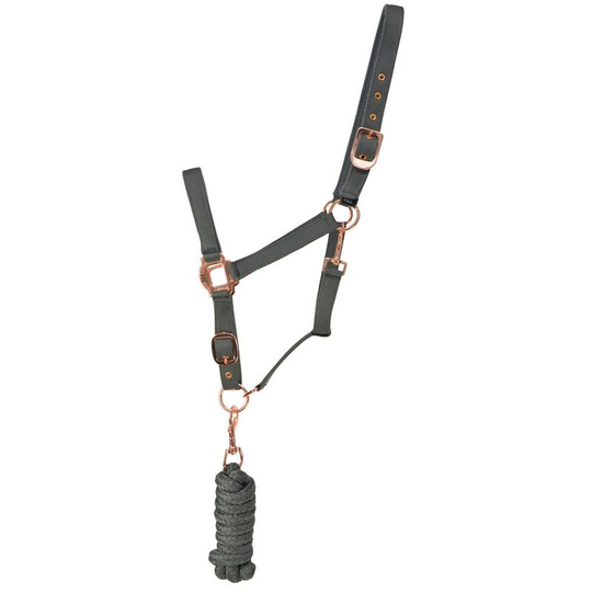 Rose Gold Headcollar and Lead Rope (Pony) (Grey/Rose Gold) - Grey/Rose Gold - HY