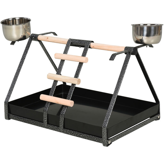 Pawhut - Metal Bird Stand w/ Wood Perch 2 Feeding Bowls Ladder Parrot Lightweight - Black