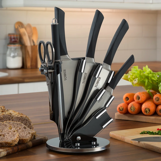 Tower T80708S Kitchen Knife Set with Rotating Acrylic Knife Block, Stainless Steel, 7 Pieces , 16 x 16 x 38 cm