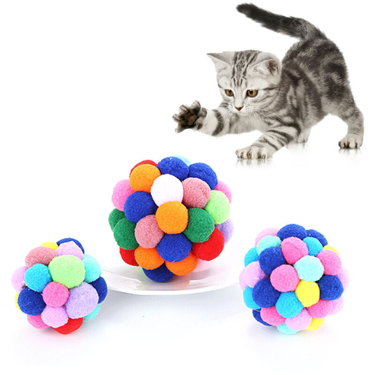 Cat Toy Balls 3pcs Cat Pom Poms Balls with Bell Colorful Pet Plush Ball Chew Toy Interactive Cat Toy Scratching Toy for Cat Kitten Scratching Game LMS