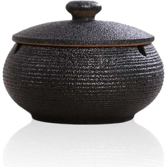 Ceramic Ashtray with Lid, Indoor or Outdoor Windproof Ashtray, Smoking Ashtray, - Black