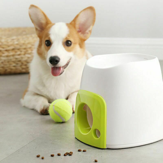 Echoo - Automatic Interactive Dog Ball Launcher - Food Reward Machine - Tennis Ball Throwing Machine for Dog Training - White + Green Ball Launcher
